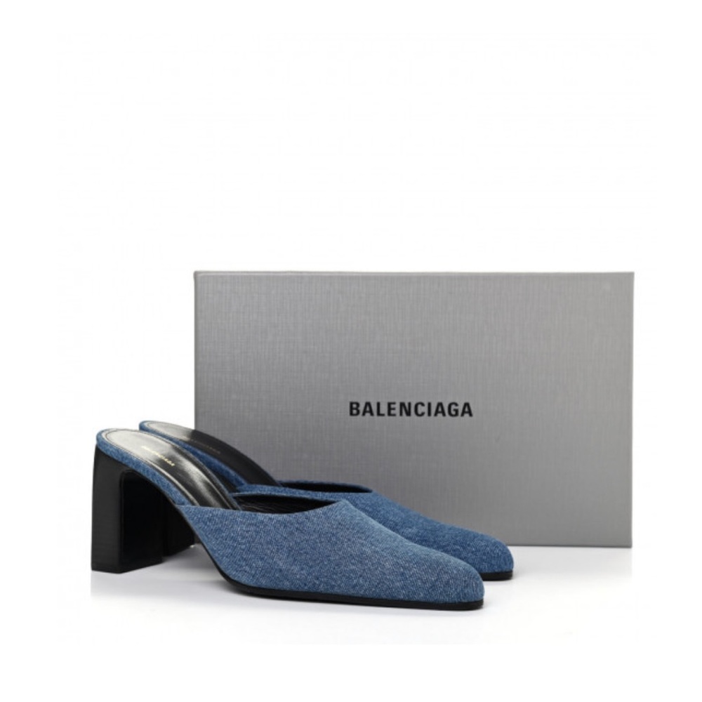 BALENCIAGA Denim Block Heel Mules Size 40 Blue NWT